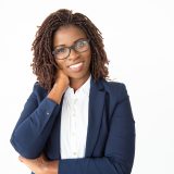 Content young businesswoman in eyeglasses. Portrait of cheerful young African American businesswoman in eyeglasses smiling at camera. Business concept